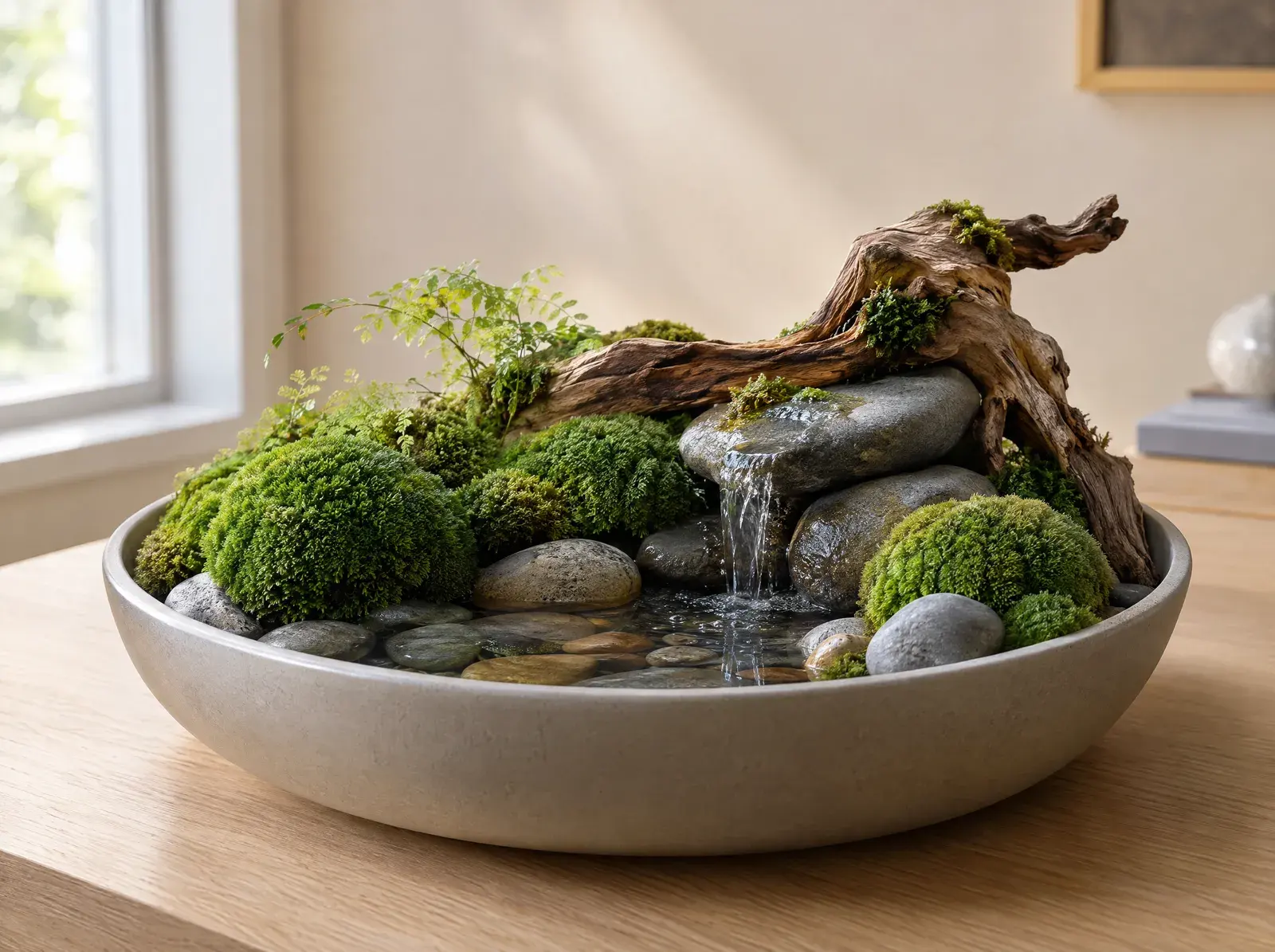 Water and moss centerpiece in a ceramic bowl on an oak desk