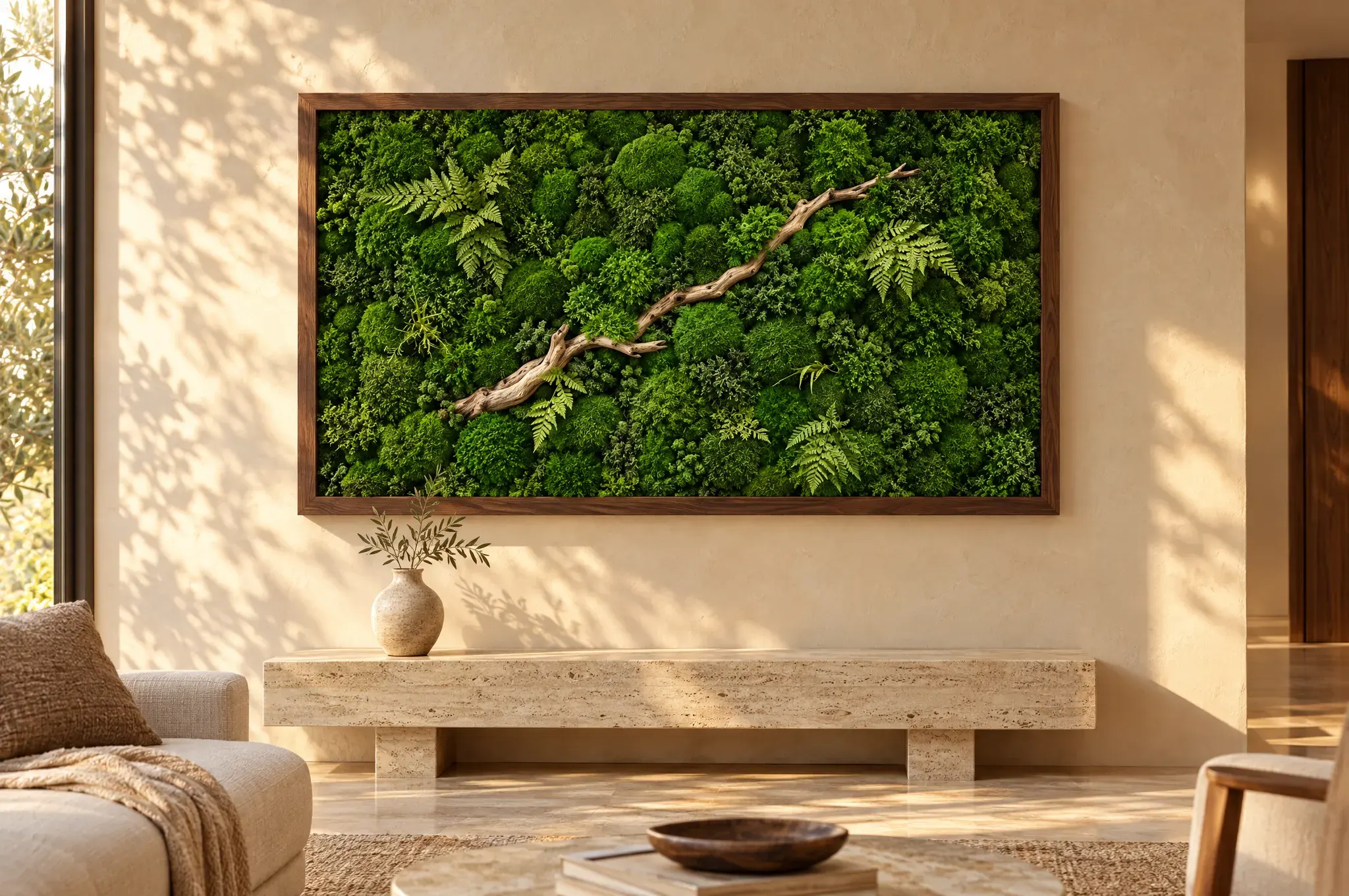 Framed preserved moss piece above a travertine bench in a sunlit living room